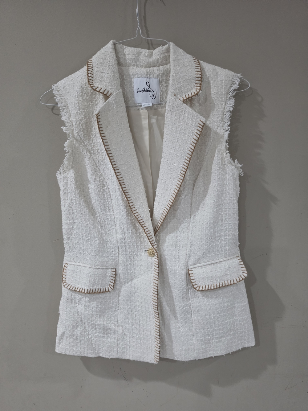 Sam Edelman Size Small Ivory Tweed Sleeveless Blazer Vest Whipstitch